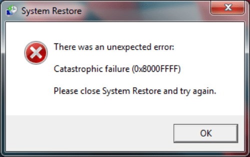 Unexpected application error. Ошибка 0x8000ffff. Ошибка при восстановлении виндовс 7 0x8000fff. Catastrophic failure. 0х8000ffff.